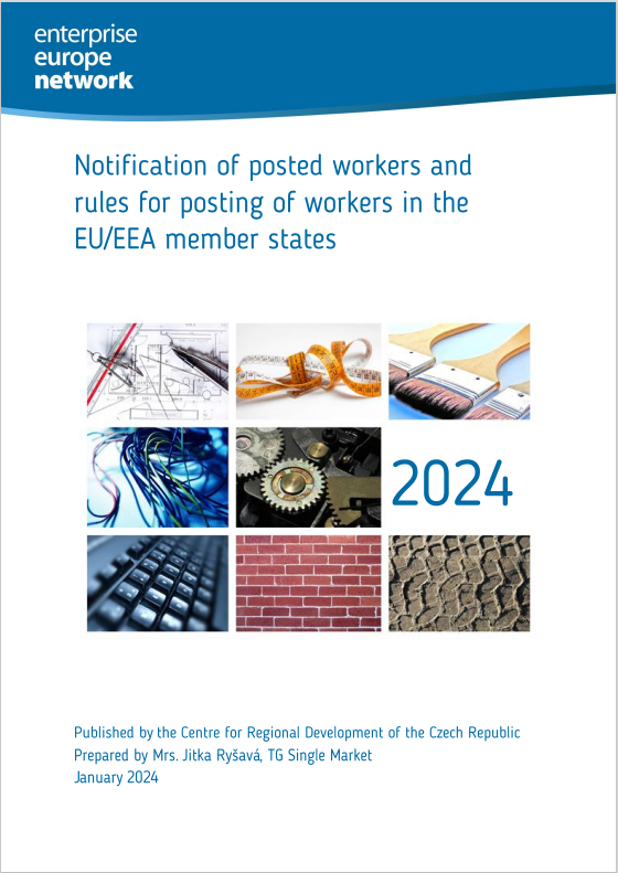 Titelseite der PDF 'Notification of posted workers 2024' mit Symbolbildern aus verschiedenen Branchen und dem Titeltext über Entsendevorschriften in der EU/EEA.
